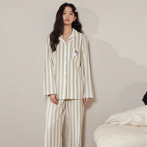 PJ-1464 Women's Striped Long Sleeve Pajama <b>Set</b> <b>Linen</b> Stripes Soft Woven Casual Sleepwear - Product Image 1