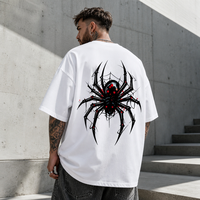 T-shirt blanc RAMAX personnalisé avec motif araignée, coton épais 300g, coupe oversize, style streetwear, vente en gros, fournisseur OEM