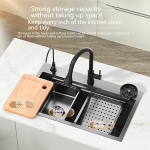 Évier de cuisine en acier inoxydable noir mat 8045 avec robinet cascade et <span class=keywords><strong>lave</strong></span>-<span class=keywords><strong>vaisselle</strong></span> intégré pour la cuisine au-dessus du comptoir - Product Image 4