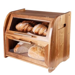 Caja de almacenamiento de pan de madera de doble capa con asa, puerta de acrílico transparente, contenedor de pan para cocina, para tostadas y pasteles - Product Image 1