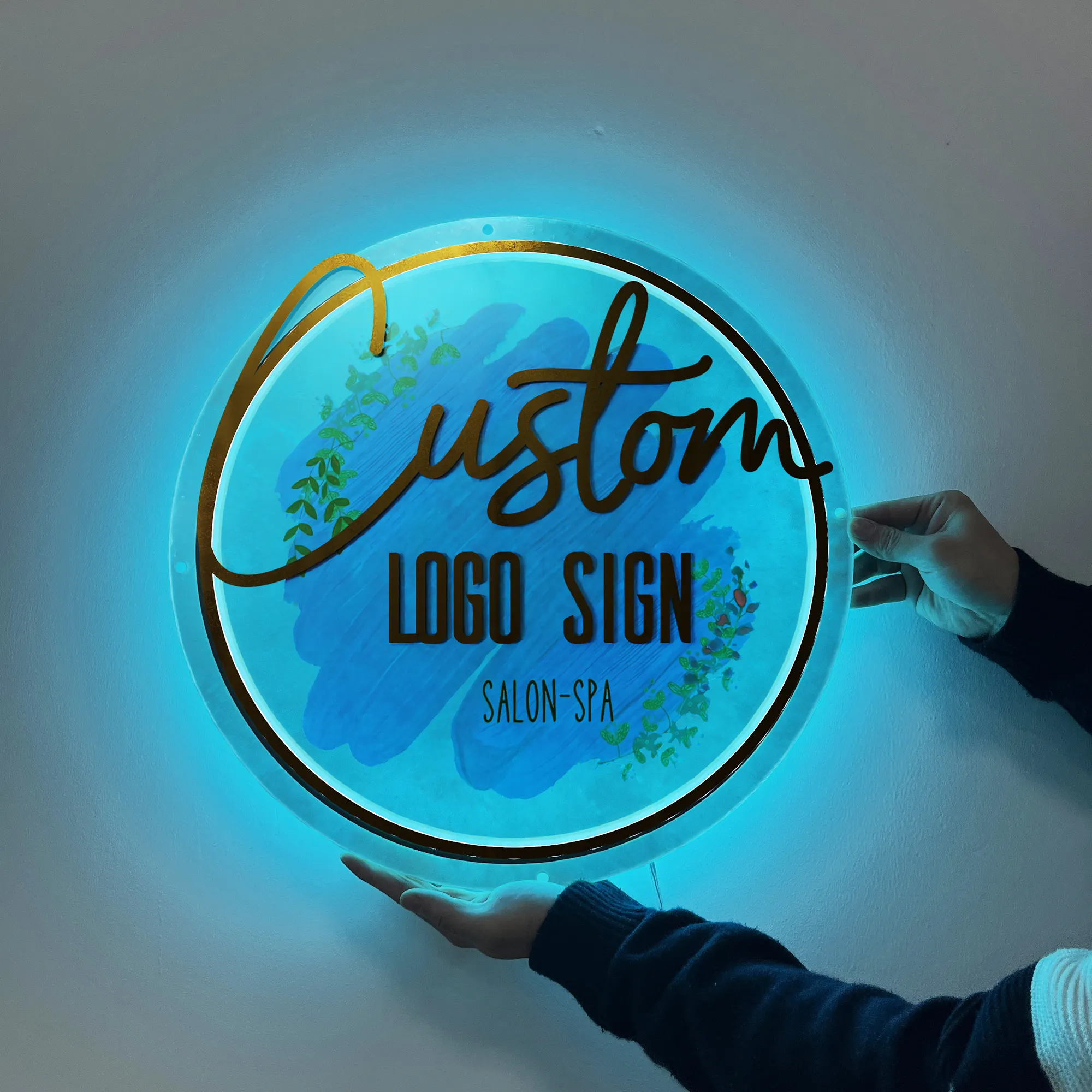 Acrílico salão sinal nome comercial iluminado signage ouro espelho 3d logotipo tipo sinal