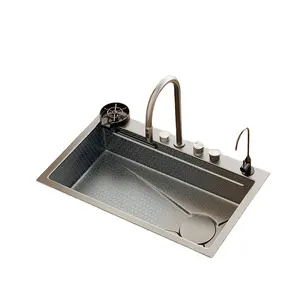 Multifunctional Pull-out Kitchen Mixer Faucet Sink Single Bowl Under Mount Stainless Steel Waterfall Kitchen Sink