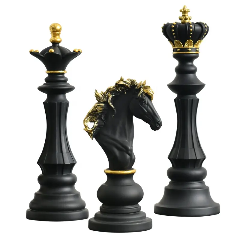 Klassieke Schaken Hars Decoraties Aangepaste Polyresin Luxe Schaken Sets Koning Koningin En Paard Sculptuur Dier Standbeeld Voor Bureau