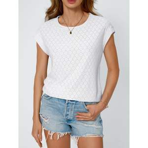 2025 2025 femmes été mode tunique t-shirt coupe ample décontracté hauts avec oeillet broderie vacances casquette manches tailles XS & XL - Product Image 3