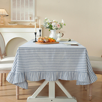 Nappe rectangulaire personnalisée en coton et lin, bleu teint, à rayures, avec ourlet à volants, style nordique de luxe, pour la salle à manger à domicile, vente en gros