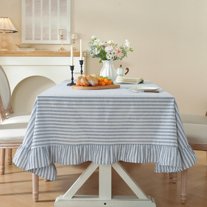 Mantel Rectangular de Algodón y Lino con Volantes, Rayas Teñidas en Azul Nórdico, de Lujo, Personalizado, al por Mayor, para Comedor en el Hogar - Product Image 3