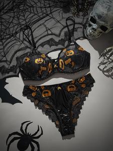 Sexy, dünnes <span class=keywords><strong>2</strong></span>-teiliges Halloween-Dessous-Set mit Kürbis-Print, Spitze, Stickerei und Cut-Out-Design für Damen – Cosplay-Outfit - Product Image 2
