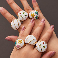 Anillo Ancho de Acero Inoxidable Chapado en Oro con Madreperla y Esmalte para Mujer, Joyería Bohemia Floral Colorida, Regalo