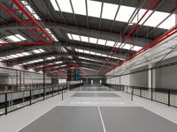 Construction de terrain de pickleball en structure acier PEB GloStar, grande portée, préfabriqué, pour installations sportives intérieures.