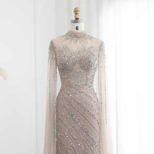 Lusso Dubai <span class=keywords><strong>nero</strong></span> Nude sirena abiti da sera <span class=keywords><strong>con</strong></span> maniche a capo collo alto da donna festa di nozze abiti formali LSZ162 - Product Image 4