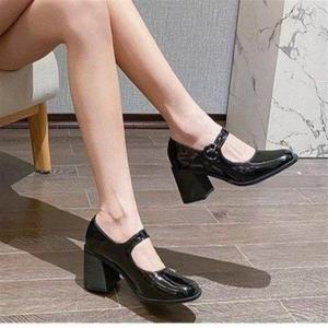 High Heels New Shoes Women PU Vintage Black Line With Chunky Heel Square <b>Toe</b> Single Shoes - Product Image 3
