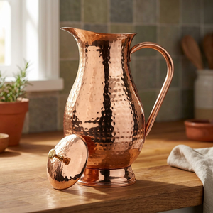 Carafe à eau en cuivre massif 100% avec couvercle et poignée, style vintage, pour usage quotidien, repas et occasions spéciales - Product Image 1