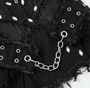 Minifalda de mezclilla negra desgastada de cintura alta para mujer Wangsheng <span class=keywords><strong>con</strong></span> cadena de diamantes de imitación, dije de cruz y ojales, estilo dulce, ropa de club - Product Image 5
