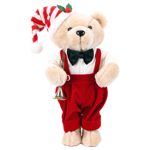 Beige Striped Hat Trumpet Teddy Bear Plush Standing <b>Xmas</b> Figure for Retail Shelf Holiday Decor Bulk - Product Image 1