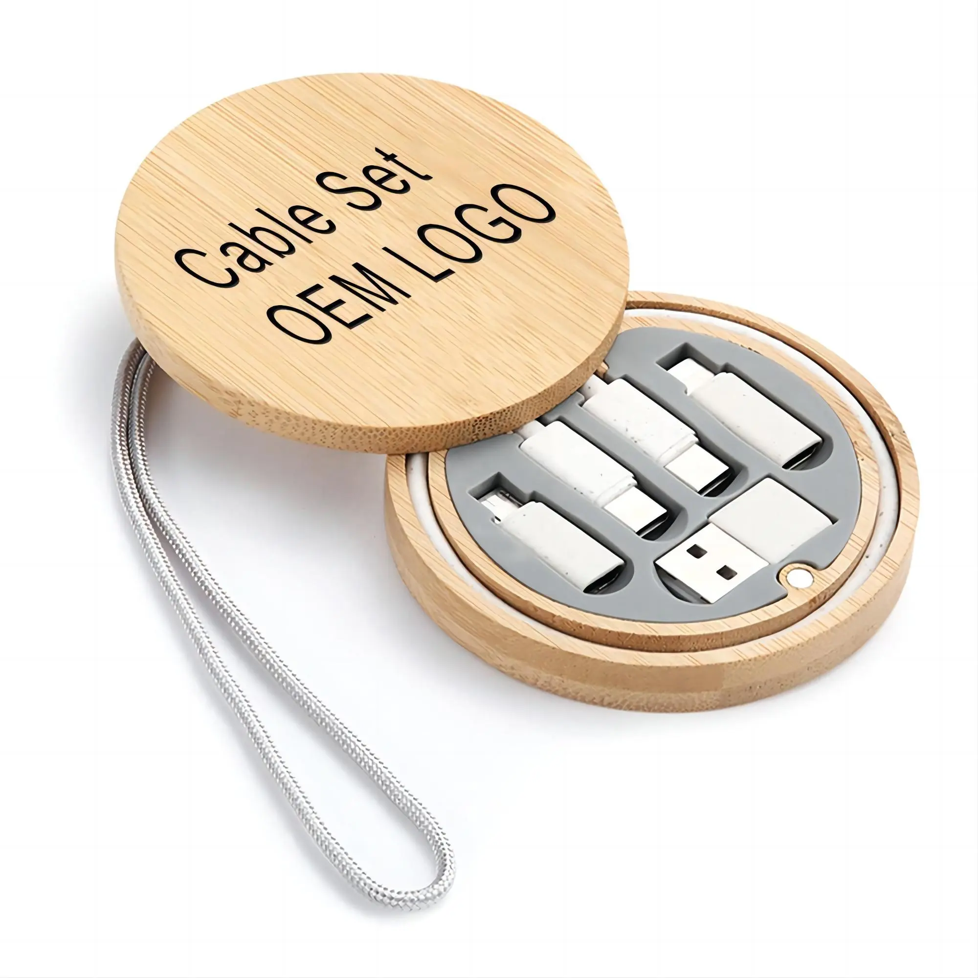 Logotipo personalizado 60W Micro Usb C Tipo 3 en 1 Multi Cable Caja de almacenamiento de carga rápida Mini cargador de teléfono Datos Juego de cables de Bambú