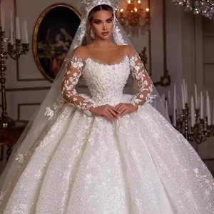 European American Wedding Dress 2026 <b>Lace</b> Long Sleeve High Waist Sweetheart Neckline Floral Print Bridal Gown Pure <b>White</b> - Product Image 2