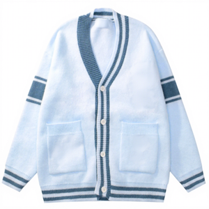 <b>Men</b>’s Sky Blue Striped Trim Cardigan Sweater Wool Blend Long Sleeve Button Up Knitwear Casual <b>Jumper</b> Rib Knitted Cardidgan - Product Image 1