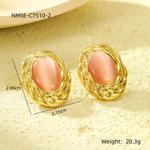 नीमई गुलाबी बिल्ली आंख की स्टड वाली महिला स्टेनलेस स्टील अंडाकार प्राकृतिक पत्थर के बयान 18k सोने की प्लेटेड फैशन गहने - Product Image 5