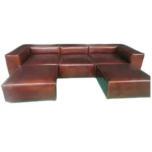 Luxury 100% Top Grain Leather Sectional Sofa Living Room Furniture Sofa Set Antique Brown Modular Sofa 3 Seat With 2 Ottoman