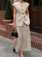 Ensemble deux pièces chic et formel pour femme 2025 – Gilet blazer sans manches col en V et pantalon taille haute en maille kaki – Collection été