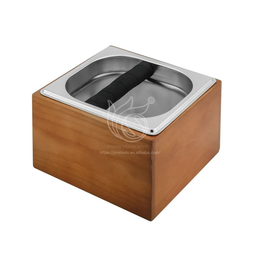 New Design Square Durable Wooden Base Box Shock-absorbent Knock Bar 201 Stainless Steel Coffee Knock Box For Coffee Household