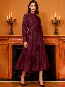 GX-Váy cạp cao mới 2025 Chất lượng cao-Đầm chữ <span class=keywords><strong>A</strong></span> dài tay có cúc cổ Áo màu trơn - Product Image 3