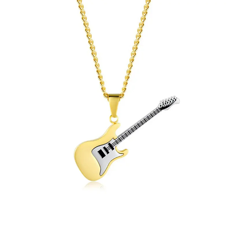 European and American Stainless Steel Music Guitar Pendant Women Men's Metal Musical Instrument Chain Necklace