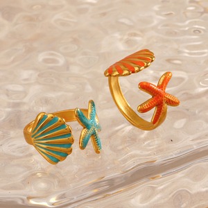 แหวนรูปปลาดาวสแตนเลสสตีลชุบทองเคลือบเงาสำหรับผู้หญิง แหวนนิ้วเปิดปรับขนาดได้ ลายสัตว์ทะเล ของขวัญเครื่องประดับชายหาด - Product Image 4