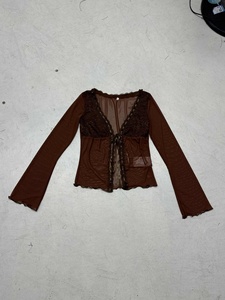 Blusa Retro Vintage de Malla Transparente con Cuello en V, Manga Larga, Ribete de Encaje, Cinturón con Lazo, Transpirable, Ecológica y con Protección Solar - Product Image 2