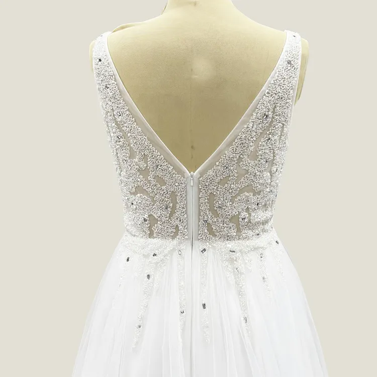 Белое кружевное платье с пайетками без рукавов с V-образным вырезом и бисером, французские свадебные платья, мусульманское свадебное платье большого размера, кружевное свадебное платье