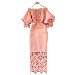 Summer New Design Red White Black Pink Bodycon Boat Neck Strapless Lace Lantern Sleeve Midi Elegant Casual Dress For Ladies