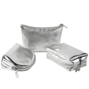 HR468 Silver PU Leather Makeup Storage Bag Three Piece Set Texture Waterproof Portable Small Items Portable Bag Wash Handbag