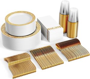 Service de table robuste en plastique sans BPA, motif dentelle dorée, 350 pièces, pour 50 invités, comprenant assiettes, coupes à <span class=keywords><strong>dessert</strong></span>, serviettes et <span class=keywords><strong>couverts</strong></span> - Product Image 1