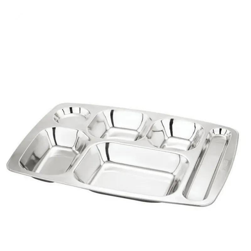 Divided Dinner Plate Food Tray Wholesale Stainless Steel Rectangle Metal 4 5 6 Compartments Mirror Modern Plate Dish 50 Pcs