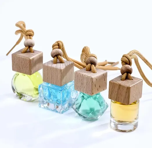 Wholesale Wood Hanging Car Aroma Diffuser 8ml 10ml air freshener cube frosted car hanging perfume bottle with wood cap