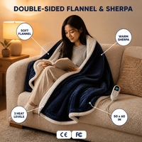 Plaid chauffant électrique 50*60 pouces en flanelle et sherpa, 3 niveaux de chaleur, arrêt automatique après 6 heures, lavable en machine, pour la maison