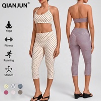 Ensemble de fitness 2 pièces pour femme à pois, color-block, avec soutien-gorge de sport dos nu et legging capri à séchage rapide pour l'entraînement