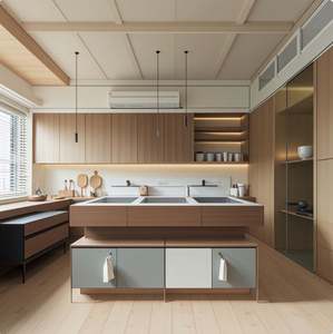 Ensemble de meubles de cuisine modernes en bois à assembler avec îlot de rangement, comptoir et robinet - Product Image 5