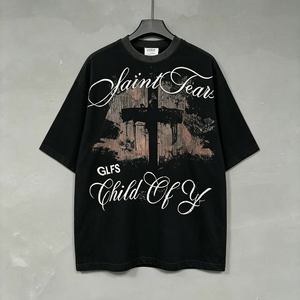 T-shirt Casual da Uomo in Cotone 100% da 280g Stampata con Stampa Waffle, Polsini a Costine e Rivetti, Stile Rock High Street Oversize - Vendita all'Ingrosso - Product Image 1
