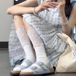 Women's Lace Trimmed Calf <b>Socks</b> Cotton Breathable Anti Slip Slouch <b>Socks</b> For Autumn White <b>Black</b> Solid Color W1887 - Product Image 1