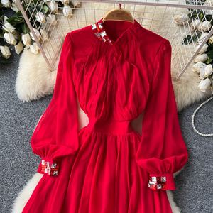 Nuova moda europea elegante tinta unita colletto alto manica lunga abito brillante donna abiti Midi <span class=keywords><strong>abbigliamento</strong></span> - Product Image 6