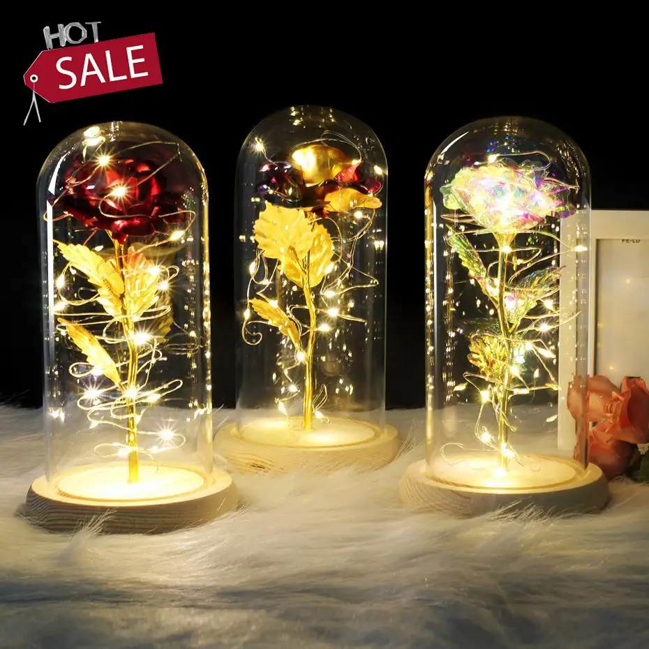 Artificial Valentine's Day Gifts enchanted Golden Rose Led Lamp 24k Gold Foil Rose in Glass Dome Decorative Flowers With lights