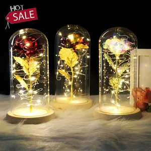 Yapay sevgililer günü hediyeleri büyülü altın gül Led lamba 24k altın folyo gül cam kubbe dekoratif çiçekler işıkları ile