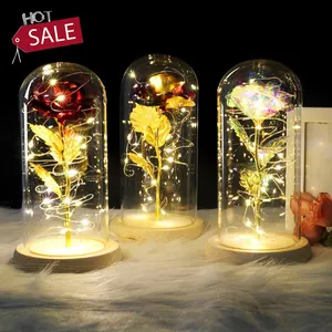 Künstliche Valentinstag Geschenke enchanted Goldenen Rose Led Lampe 24k Goldfolie Rose in Glas Dome Dekorative Blumen mit lichter