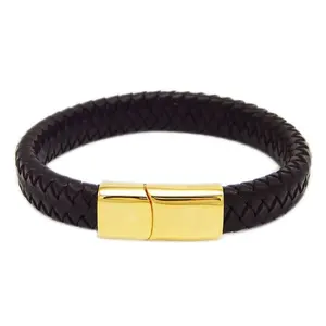 Hand woven leather bracelet magnetic buckle bracelet and bracelet men pulse stainless steel engraving ID wholesale