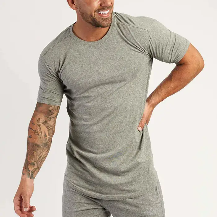 2023 top selling plain solid grey extra long style gym wear active athletic knitted t shirts for men