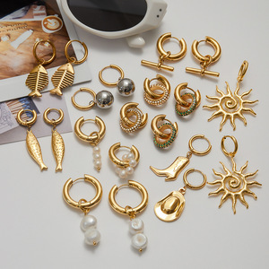 Ensemble de boucles d'oreilles pendantes élégantes, ton or, perles, poissons, soleil, bijoux de fête, acier inoxydable, boucles d'oreilles tendance - Product Image 4