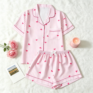 Conjunto de Pijama de Verano para <span class=keywords><strong>Mujer</strong></span> con Estampado de Corazones, Camiseta de Manga Corta y <span class=keywords><strong>Pantalones</strong></span> <span class=keywords><strong>Cortos</strong></span> a Rayas Rosas, Ropa de Dormir Cómoda - Product Image 1