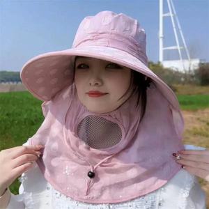 Sombrero para recolección de té para mujer, protección solar, cubre rostro, transpirable, ligero, para verano, trabajo en la granja, diseño gris de lunares - Product Image 5