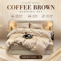 Parure de lit et housse de couette 4 pièces en coton 100% brun café moderne, tissage rayé satiné, certifiée OEKO-TEX pour hôtels et usage domestique